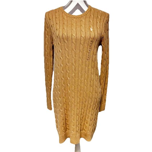Polo Ralph Lauren Dresses & Skirts - Polo Ralph Lauren Womens Cable Knit Sweater Dress Small Tan White Pony Preppy